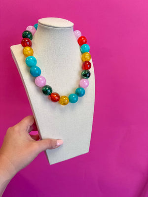 Statement Bead Necklace - Multi - Turquoise, Pink, Brown, Yellow