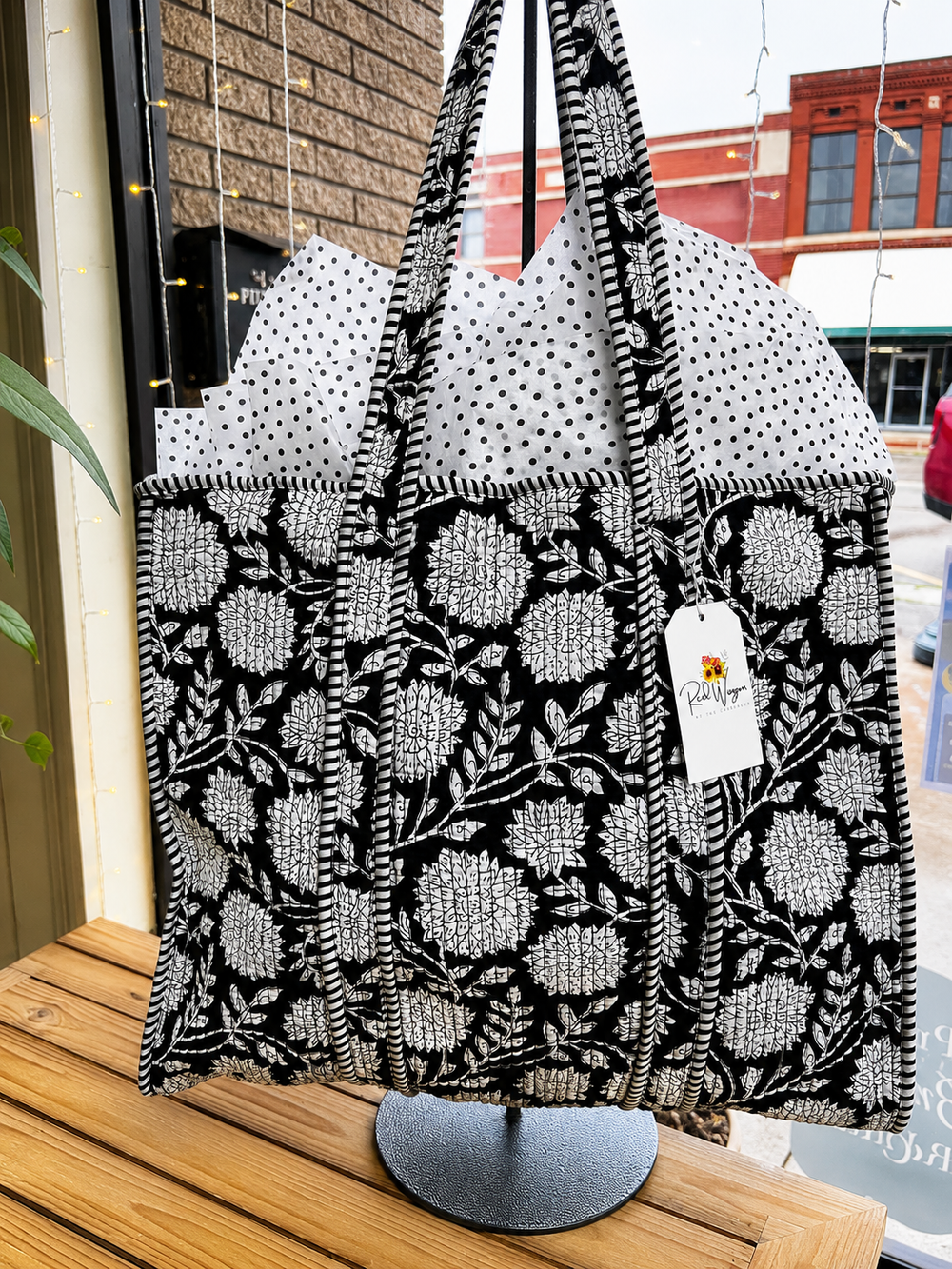 Black and white floral quilted tote bag
