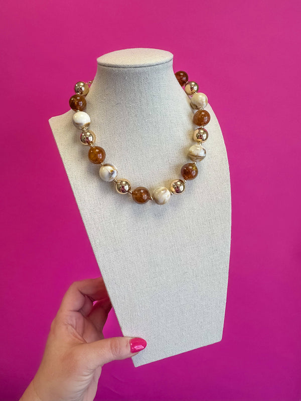 Chunky Ball Bead Necklace - Brown and Cream