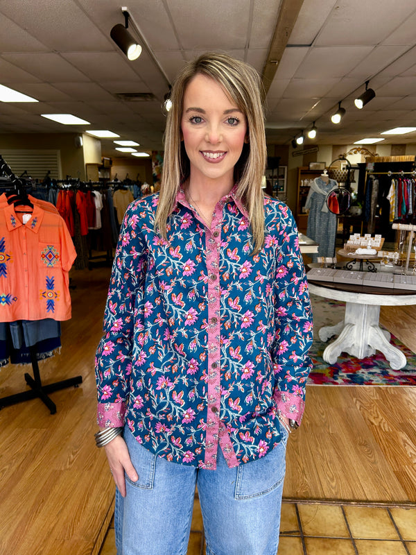 Indigo Bloom Block Print Button Down Top