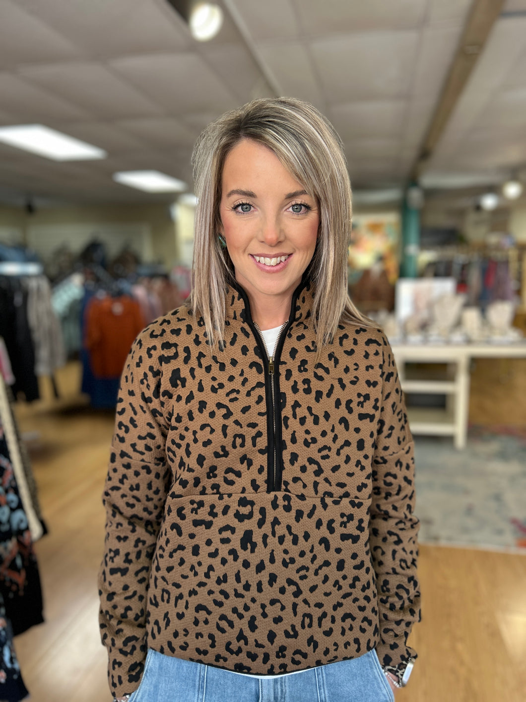 THML Cheetah Print Quarter Zip Sweater