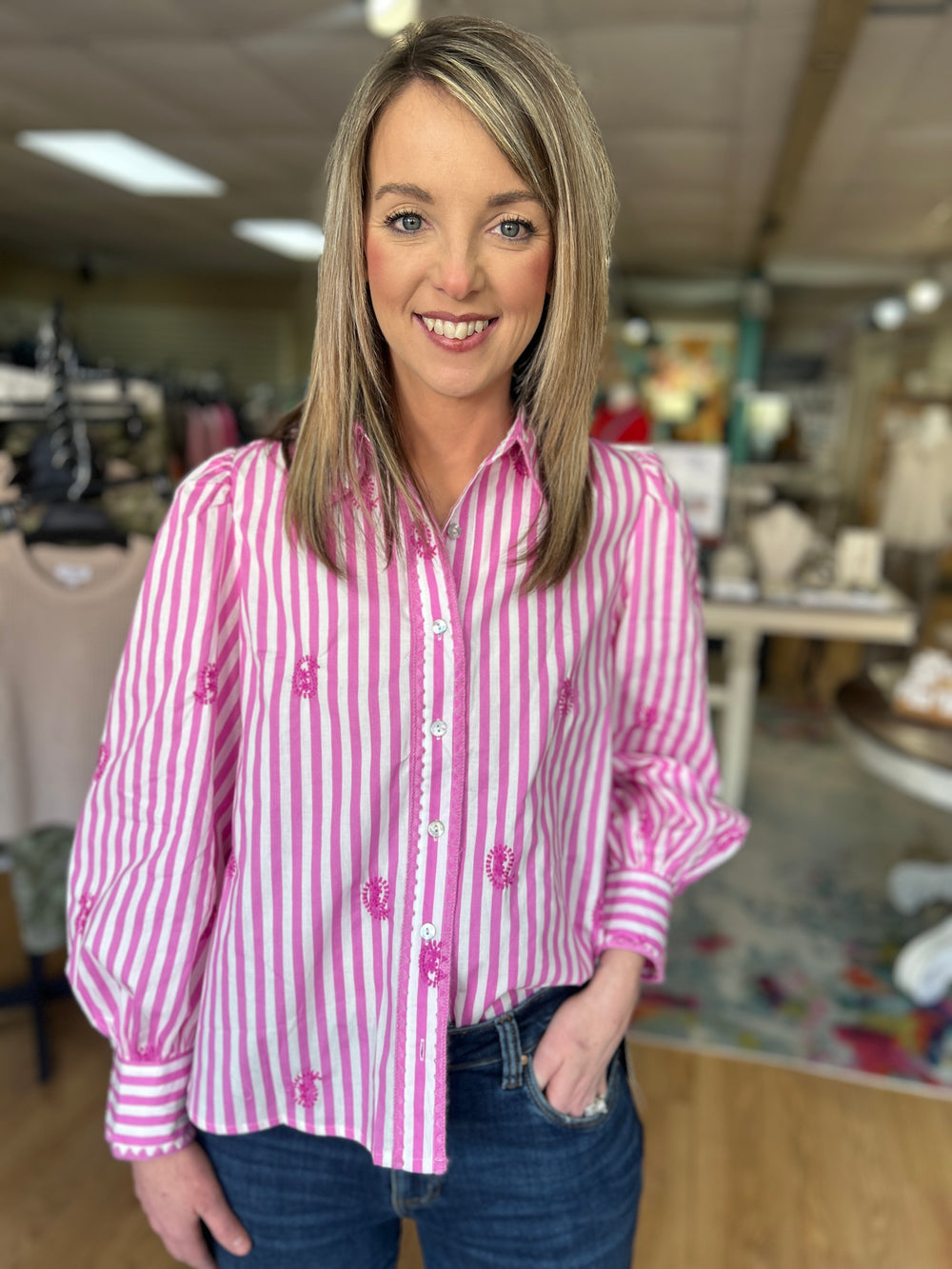 Pink Stripe Embroidered Button-Down Top