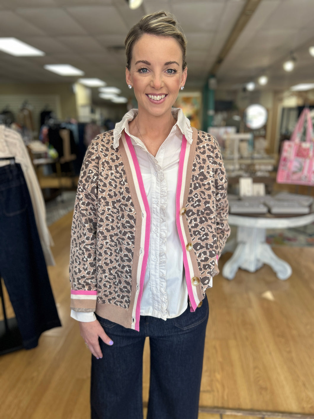 Leopard cardigan with cream and pink trim