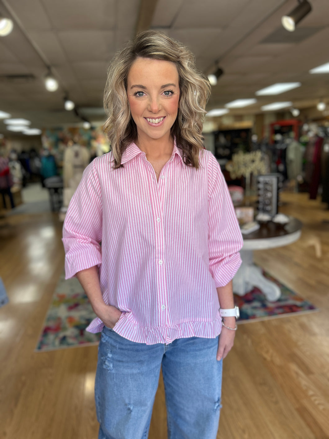 Pink Pin Striped Ruffle Hem Top