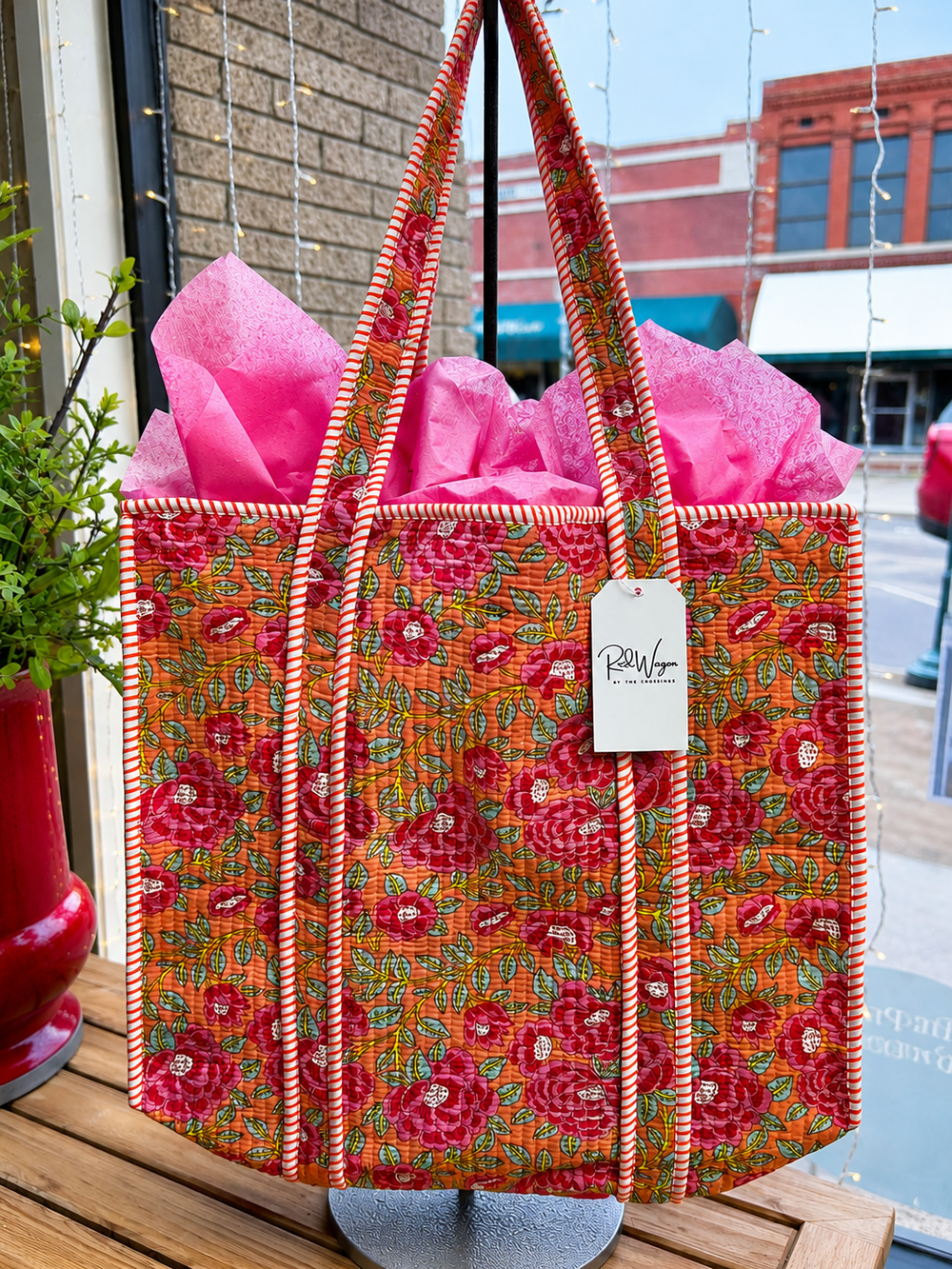 Pink and orange quilted tote bag