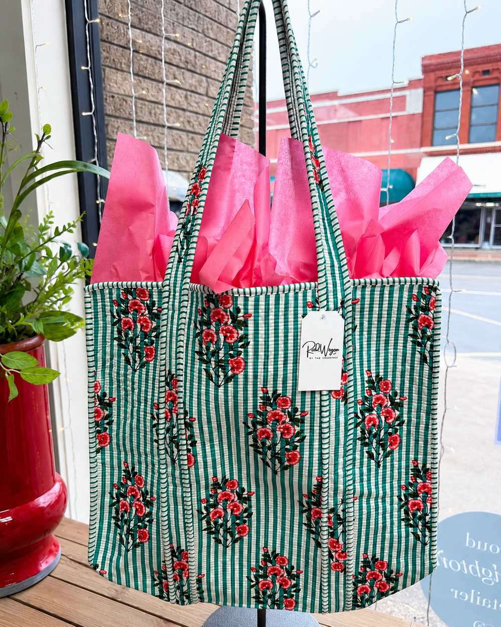 Green and white quilted tote bag