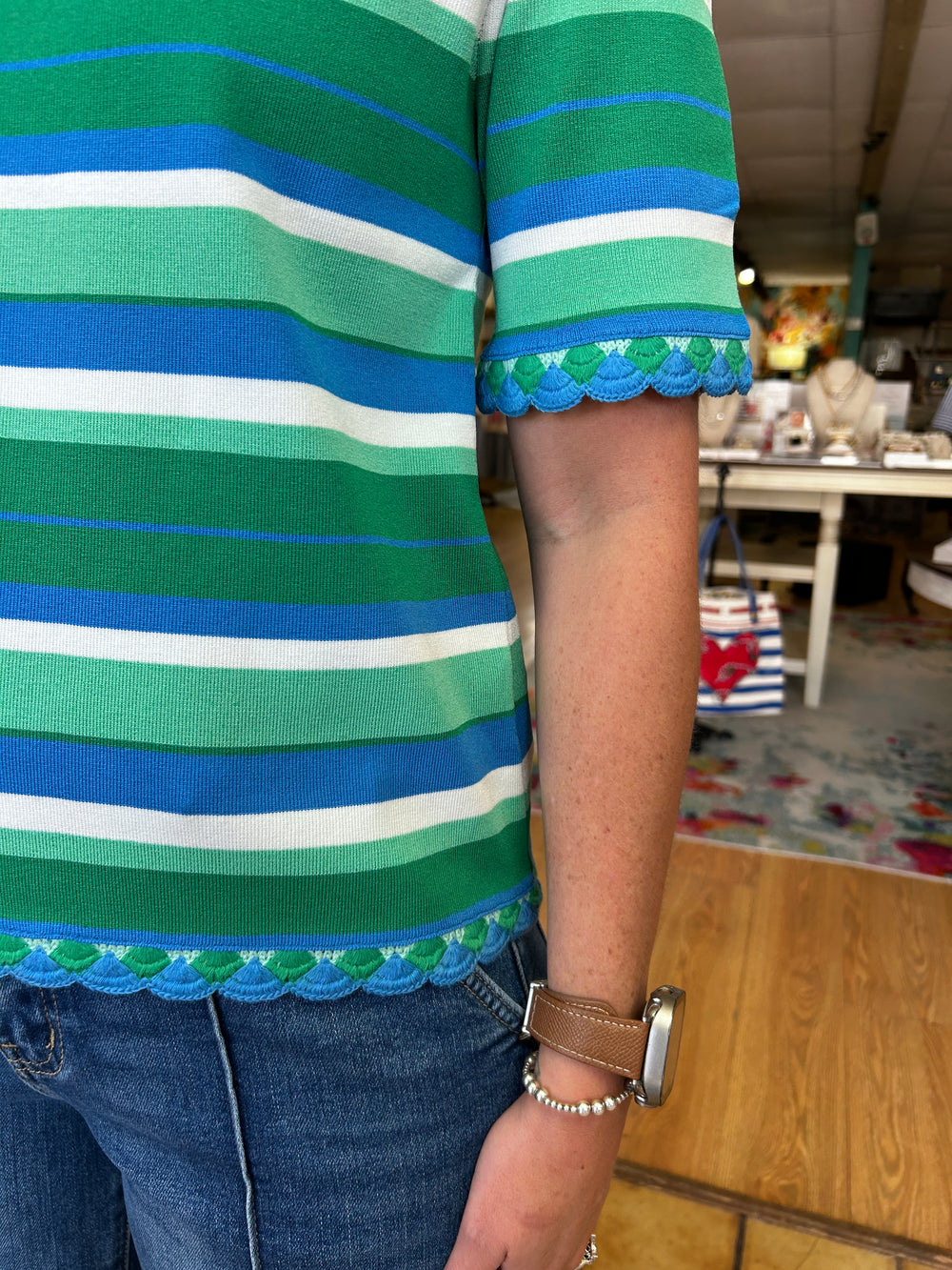 Blue and Green Contrast Knit Top