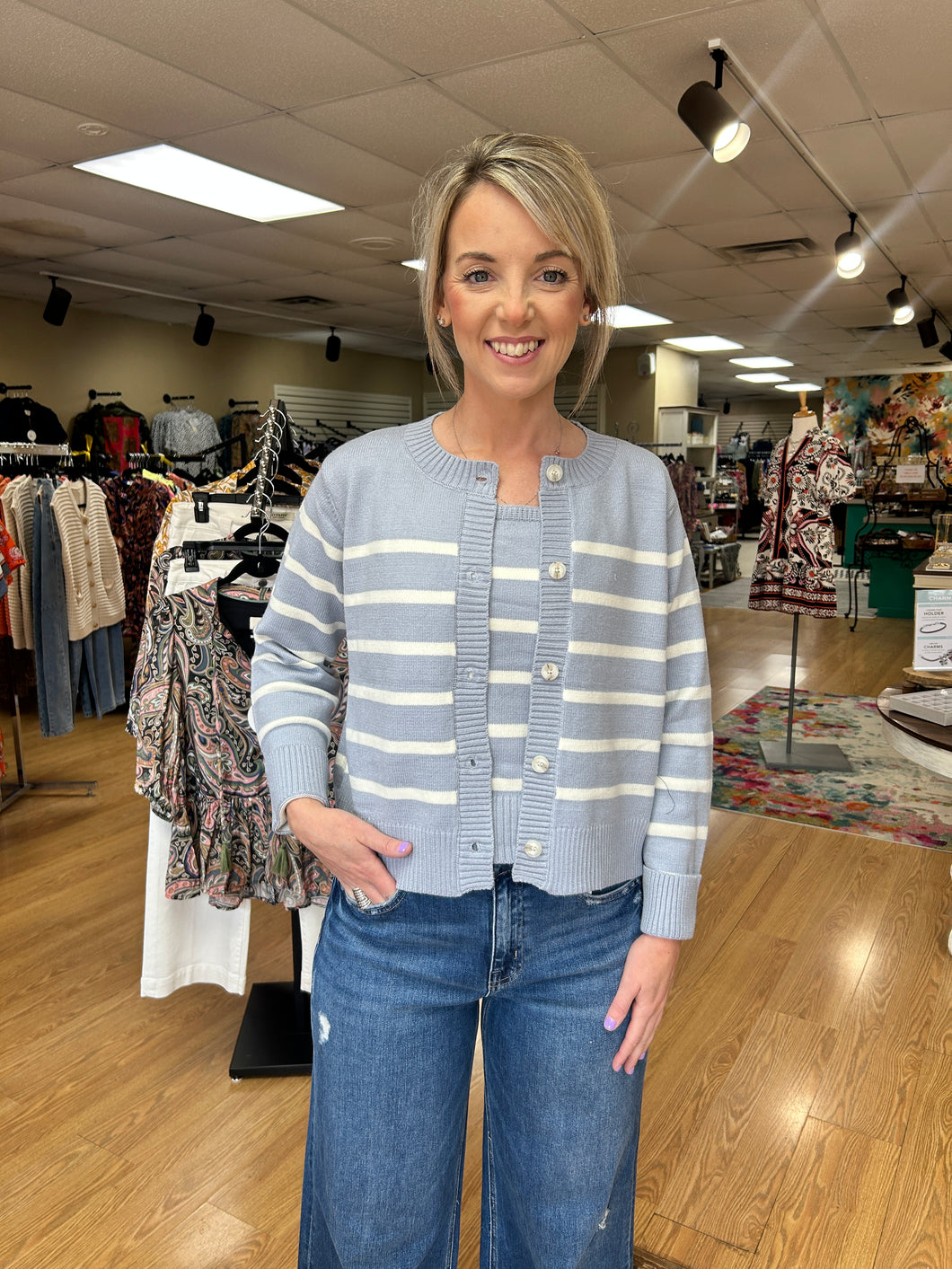 Cream and Blue Cardigan Set